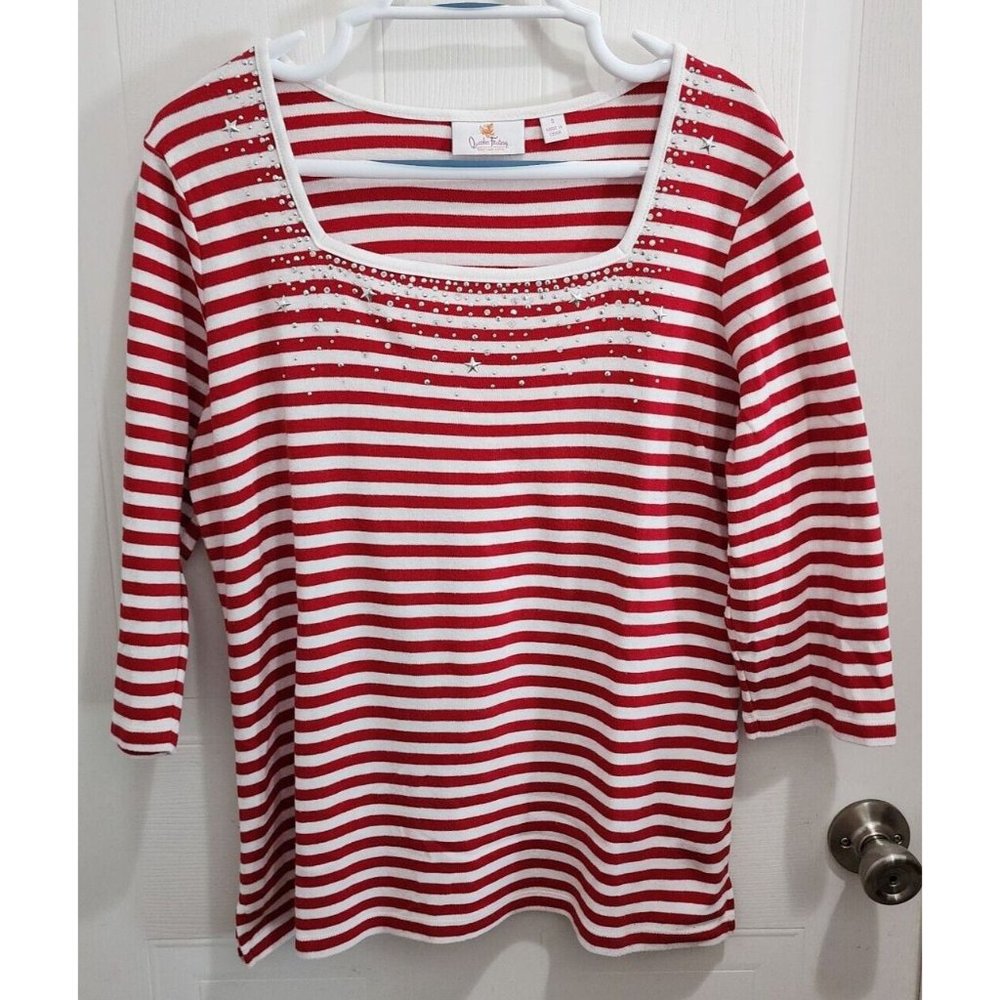Quacker Factory Womens 3/4 Sleeve Square Embellished Neck Red/White Striped Sz S